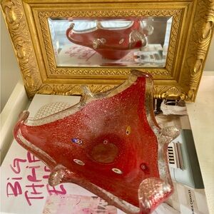 Murano Red and Gold Flake Millefiori Artistic Glass Bowl Dish Abstract